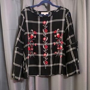 Black Plaid Top with Red Floral Embroidery
